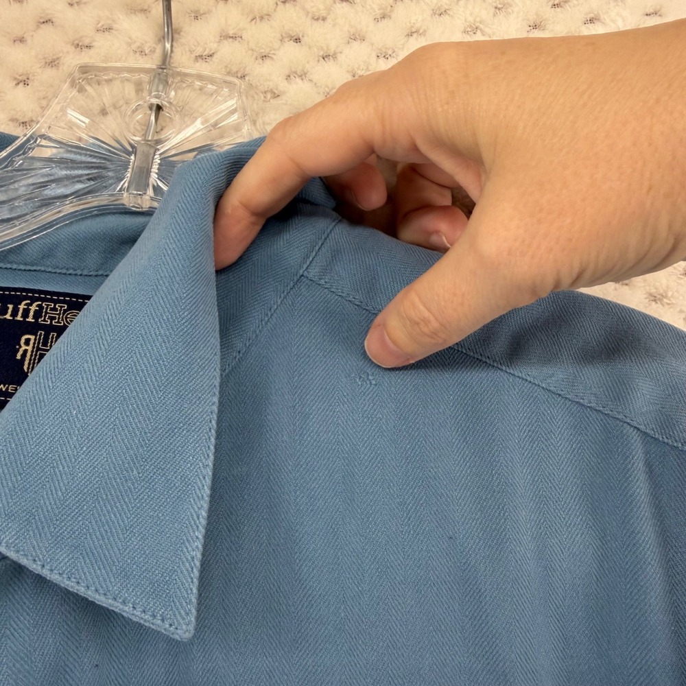 Ruff Hewn Button Down Shirt Mens XL Blue 100% Silk Herringbone Long Sleeve - Picture 4 of 8